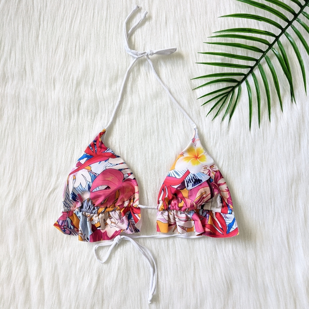 Pink Tropical print triangle ruffle trim bikini top